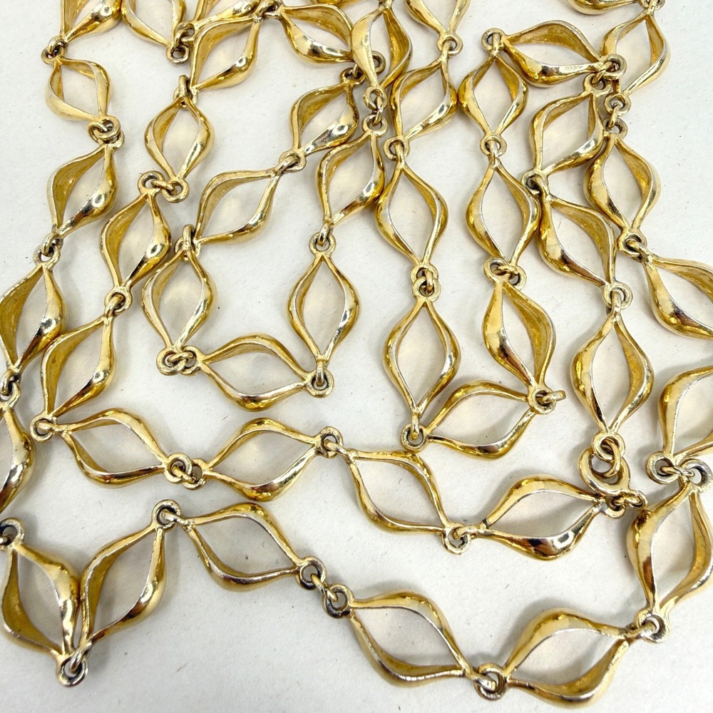 Vintage Open Marquise Link‎ Long Station Necklace Mid Century Modern Gold Tone